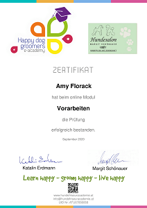 Zertifikat der Happy Dog Groomers e-academy für Amy Aslan über das Modul Vorarbeiten