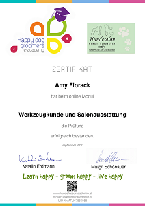 Zertifikat der Happy Dog Groomers e-academy für Amy Aslan über das Modul Werkzeugkunde und Salonausstattung